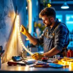 A photograph of a lighting contractor skillfully installing led ribbon lights in a modern interior setting