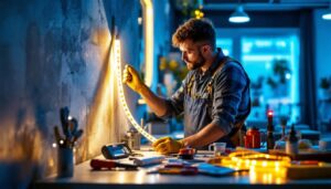 A photograph of a lighting contractor skillfully installing led ribbon lights in a modern interior setting