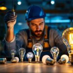A photograph of a lighting contractor installing or showcasing a variety of special light bulbs in a well-lit