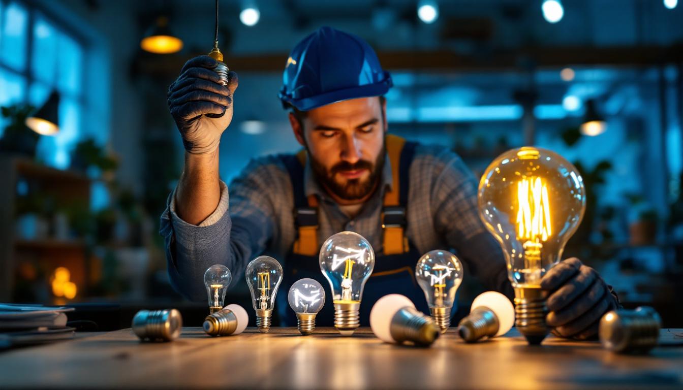 A photograph of a lighting contractor installing or showcasing a variety of special light bulbs in a well-lit
