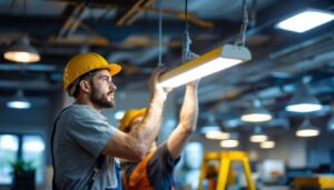 A photograph of a lighting contractor installing 4ft led shop lights in a well-lit commercial space