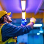 A photograph of a lighting contractor working on a project