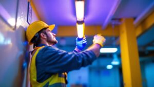 A photograph of a lighting contractor working on a project