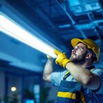 A photograph of a lighting contractor expertly replacing a fluorescent light fixture with a sleek led light