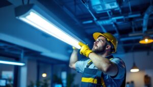 A photograph of a lighting contractor expertly replacing a fluorescent light fixture with a sleek led light