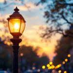 A photograph of a beautifully restored vintage street light globe illuminated at dusk