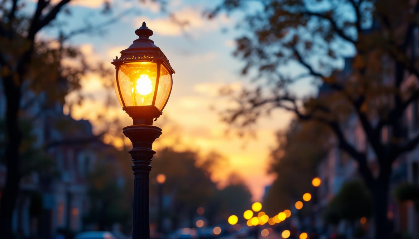 A photograph of a beautifully restored vintage street light globe illuminated at dusk