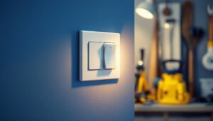 A photograph of a lighting contractor installing a portable light switch in a residential or commercial setting