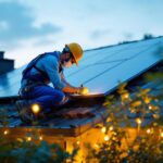 A photograph of a skilled lighting contractor installing solar panels on a roof