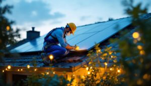 A photograph of a skilled lighting contractor installing solar panels on a roof