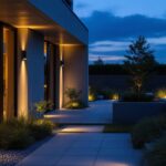 A photograph of a modern outdoor space illuminated by sleek led external flood lights at dusk