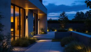 A photograph of a modern outdoor space illuminated by sleek led external flood lights at dusk