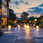 A photograph of a beautifully illuminated outdoor space featuring extra large light fixtures