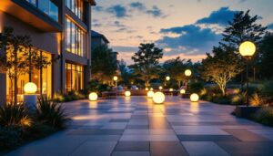 A photograph of a beautifully illuminated outdoor space featuring extra large light fixtures