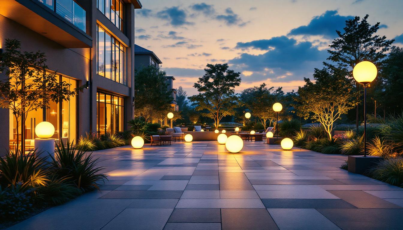 A photograph of a beautifully illuminated outdoor space featuring extra large light fixtures
