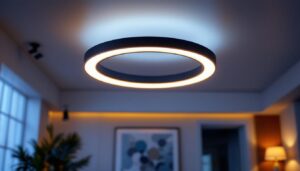 A photograph of a beautifully designed circle ceiling light installed in a modern interior space
