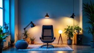 A photograph of a well-designed home office space featuring a variety of stylish lighting fixtures