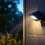 A photograph of a well-lit outdoor area featuring a motion detector light with an integrated camera