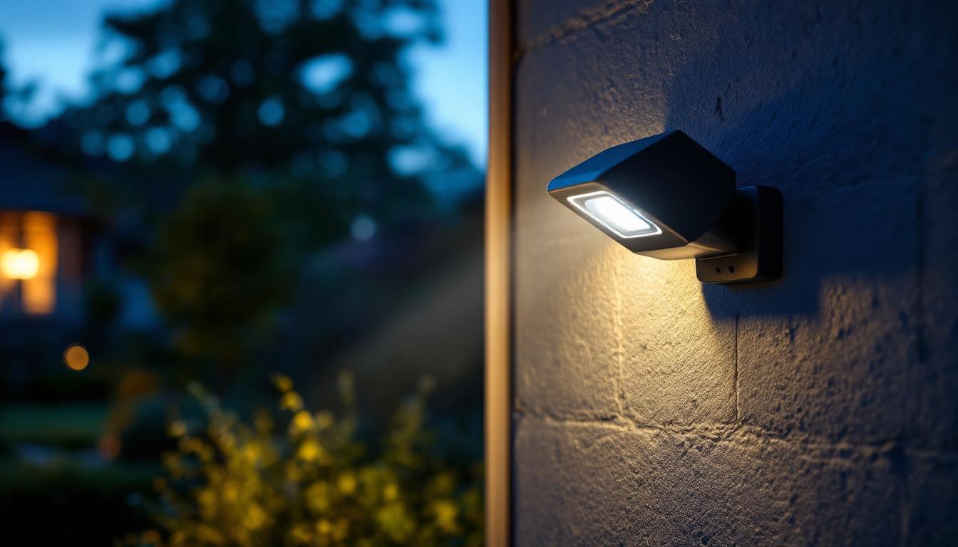 A photograph of a well-lit outdoor area featuring a motion detector light with an integrated camera
