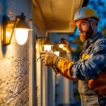 A photograph of a lighting contractor in action