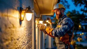 A photograph of a lighting contractor in action