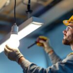A photograph of a lighting contractor skillfully installing a fluorescent bulb in a modern fixture