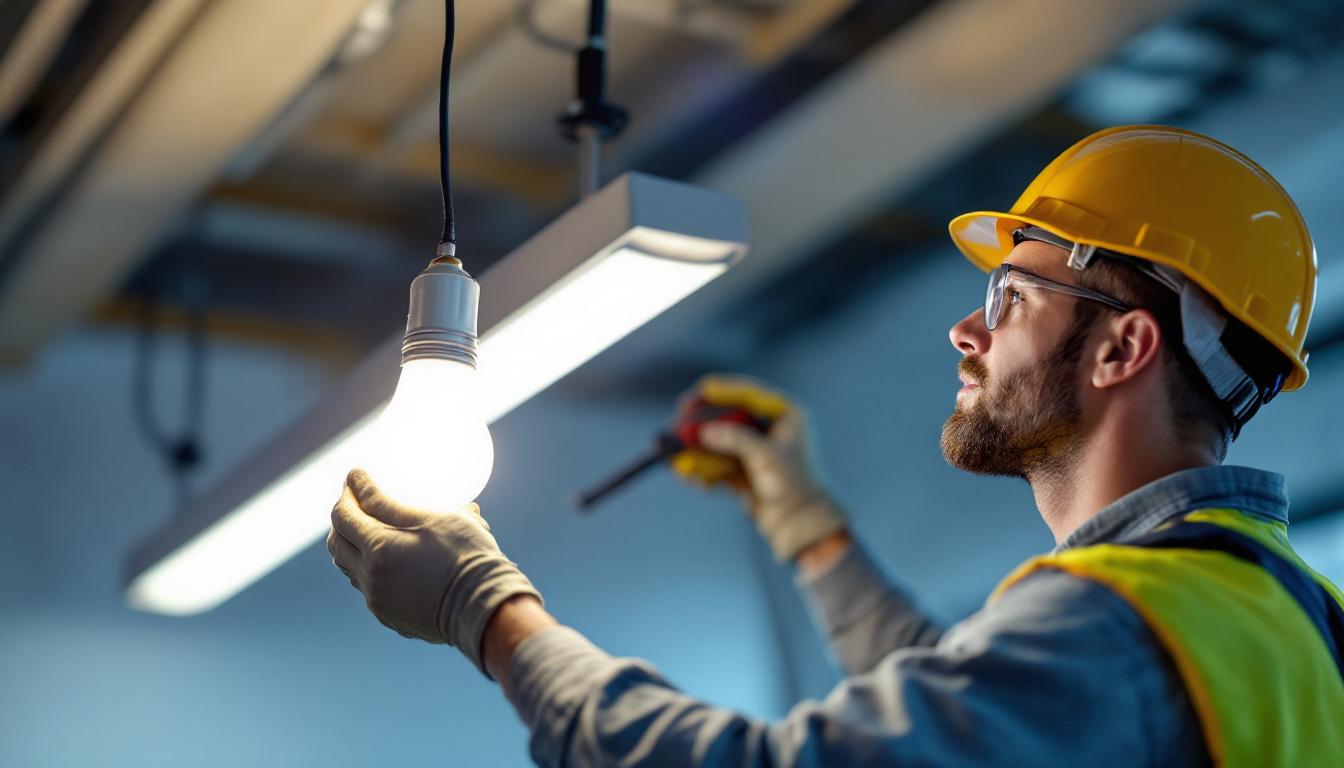 A photograph of a lighting contractor skillfully installing a fluorescent bulb in a modern fixture