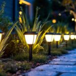 A photograph of capture a photograph of a well-lit outdoor space showcasing various styles of super bright solar lights illuminating a garden or pathway