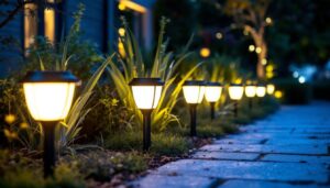A photograph of capture a photograph of a well-lit outdoor space showcasing various styles of super bright solar lights illuminating a garden or pathway