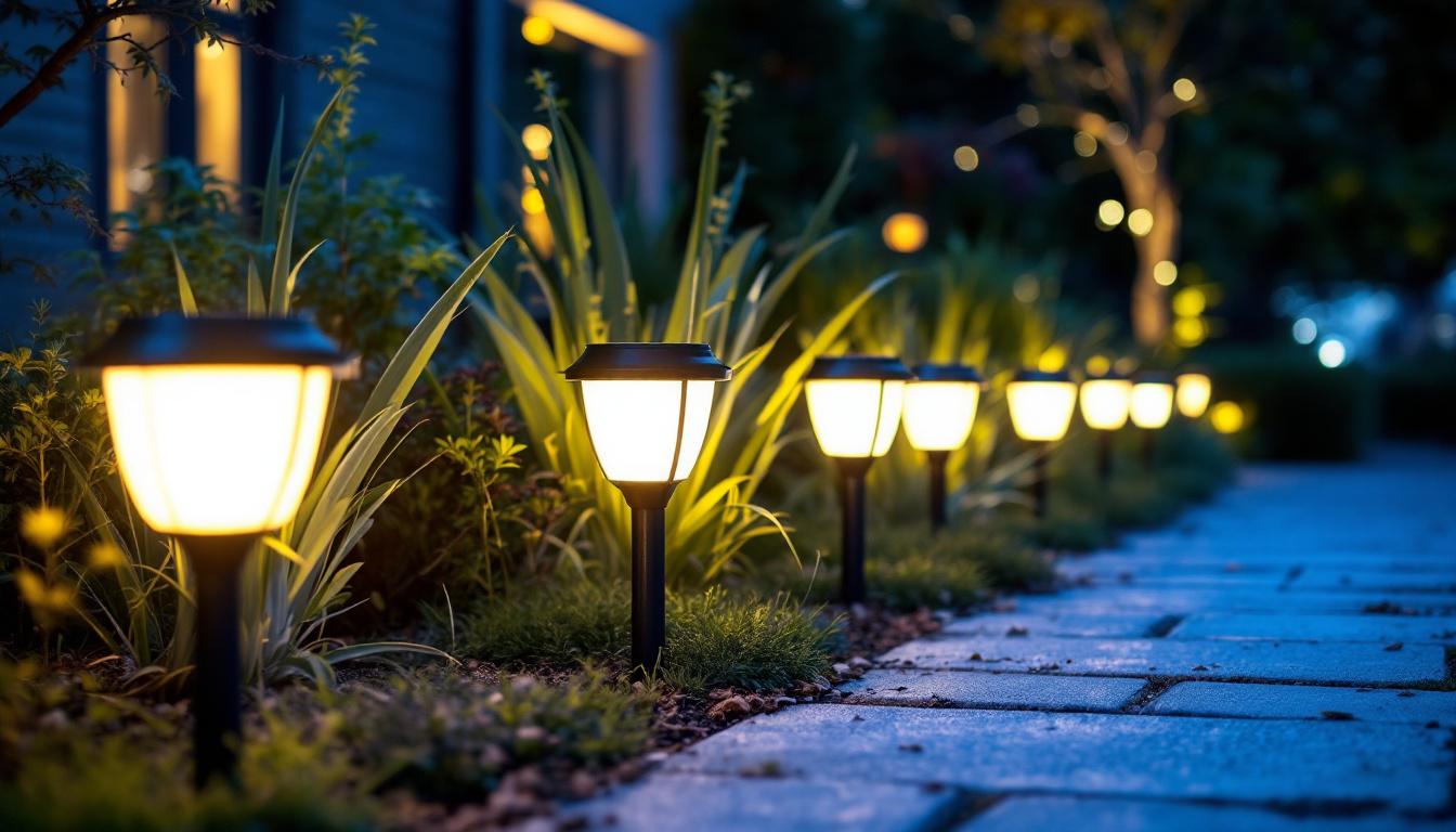 A photograph of capture a photograph of a well-lit outdoor space showcasing various styles of super bright solar lights illuminating a garden or pathway