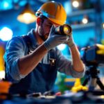 A photograph of a lighting contractor expertly installing par light bulbs in a vibrant
