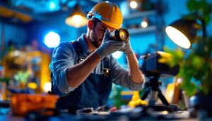 A photograph of a lighting contractor expertly installing par light bulbs in a vibrant