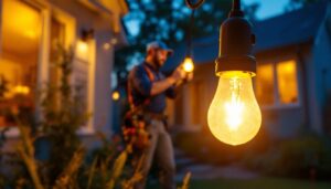 A photograph of a lighting contractor installing a dusk-to-dawn outdoor light bulb in a residential setting