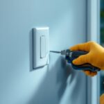 A photograph of a skilled electrician installing a leviton decora light switch in a modern home setting