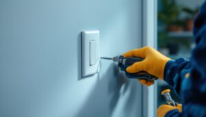A photograph of a skilled electrician installing a leviton decora light switch in a modern home setting