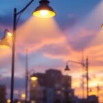 A photograph of a dynamic lighting installation in an urban setting