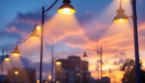 A photograph of a dynamic lighting installation in an urban setting