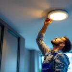 A photograph of a lighting contractor installing 2-inch recessed led lights in a modern ceiling