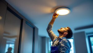 A photograph of a lighting contractor installing 2-inch recessed led lights in a modern ceiling