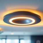 A photograph of a close-up shot of a 4-inch round led light installed in a modern ceiling
