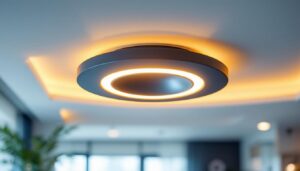 A photograph of a close-up shot of a 4-inch round led light installed in a modern ceiling