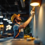 A photograph of a lighting contractor installing innovative universal lighting technology fixtures in a modern workspace