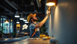 A photograph of a lighting contractor installing innovative universal lighting technology fixtures in a modern workspace