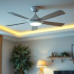 A photograph of a ceiling fan with an elegant remote control switch in a well-lit living space