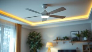 A photograph of a ceiling fan with an elegant remote control switch in a well-lit living space