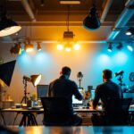 A photograph of a well-lit workspace featuring a variety of studio lights mounted on the ceiling