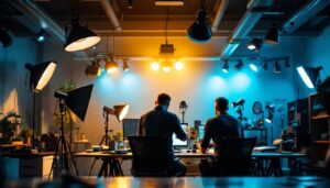 A photograph of a well-lit workspace featuring a variety of studio lights mounted on the ceiling