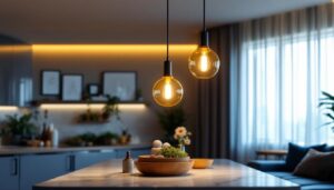A photograph of a stylish pendant lighting kit installed in a modern home setting