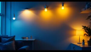 A photograph of a well-lit interior space showcasing a19 led bulbs in various fixtures