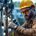 A photograph of a lighting contractor in the midst of splicing waterproof wires outdoors